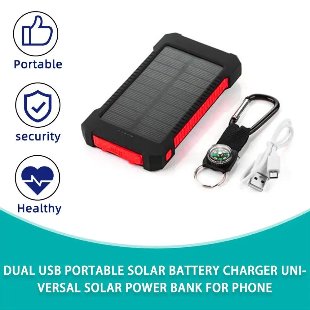 

6000-7000mah Solar Power Bank Dual USB Portable Waterproof Solar Battery Charger Fast Charging External Battery With Compass