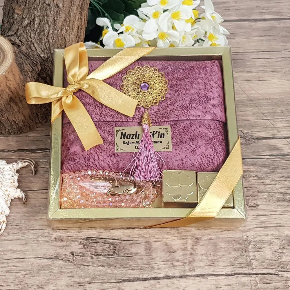 Luxury Muslim Gift Set Name Printed Velvet Bag Yasin Al Sharif Book Rosary Wholesale Mevlut Religious Islamic Items Ramadan 2023