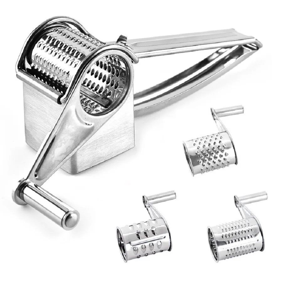 

Stainless Steel Cheese Grater Cutter Slicer Shredder with 3 Drums Interchanging Rotary Ultra Sharp Cylinders