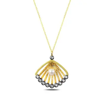 

Angemiel 925 Silver Zircon Stone & Pearl Mussel Shell Necklace-Gold Plated