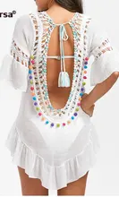 Beach-Dress Swimwear Cover-Up Open-Back Summer Solid-Robe De-Plage Sexy Kakaforsa Cotton