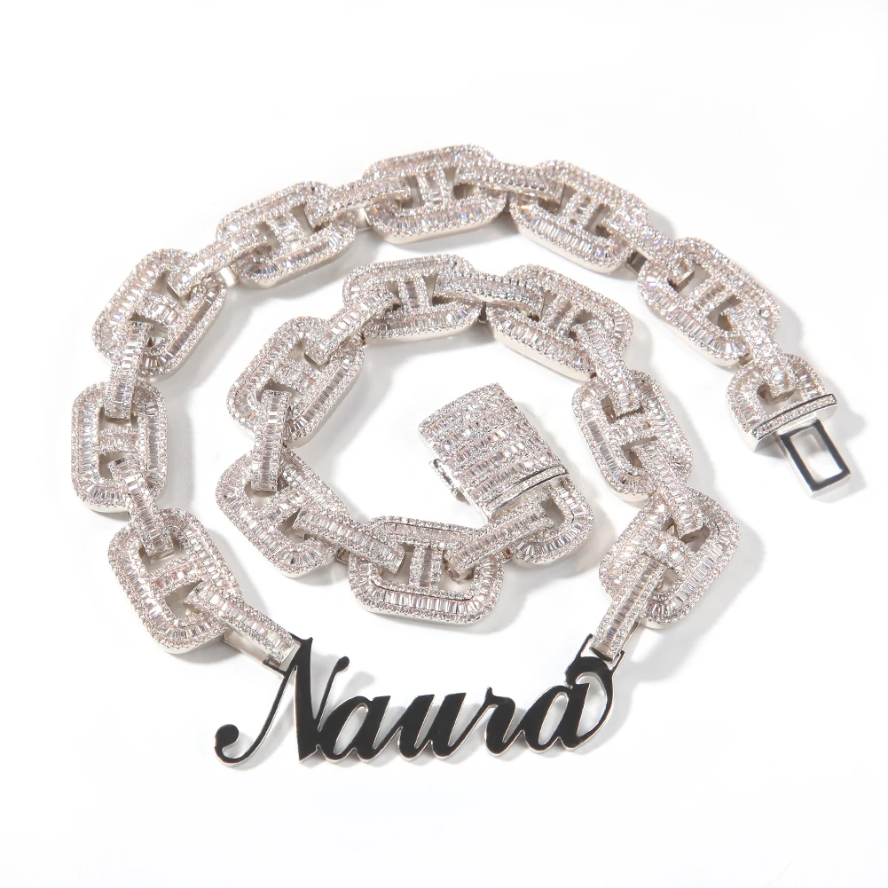 THE BLING KING Cusomt Stainless Steel Name Plated With Luxury 15mm Cuban Link Baguettecz Prong Setting Necklace Hiphop Jewelry