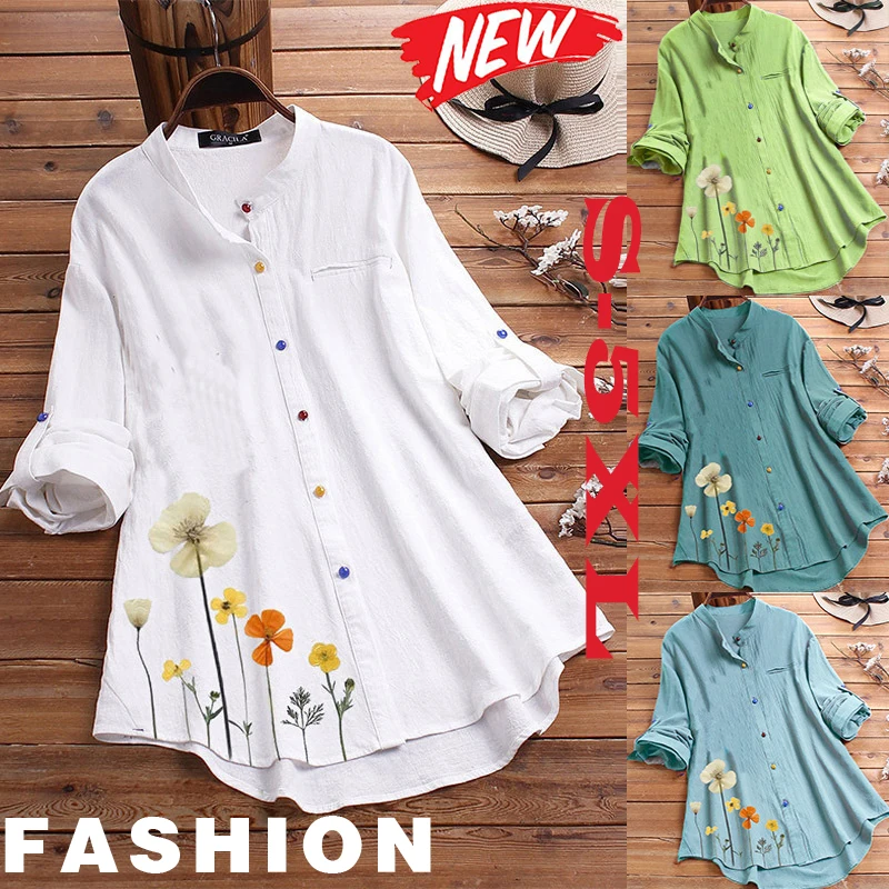 

Plus Size M-5XL Women Blouse Flower Print Casual Cotton Linen White Shirt Long Sleeve Loose Korean Style Ladies Tops Blouses