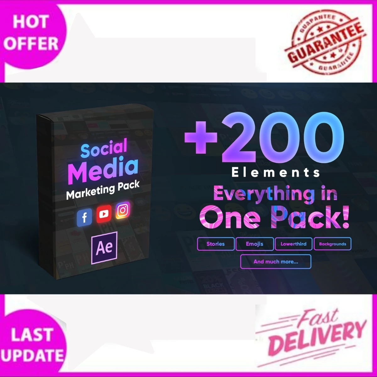 Paquete de redes sociales, plantilla de efecto posterior + 200