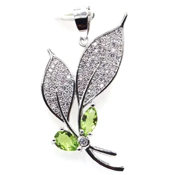 

44x26mm Deluxe Leaf Shape Created Green Peridot White CZ Woman's Gift Silver Pendant