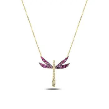 

Angemiel 925 Silver Pink Grayscale Nano Stone Dragonfly Necklace-Rose Gold Plated