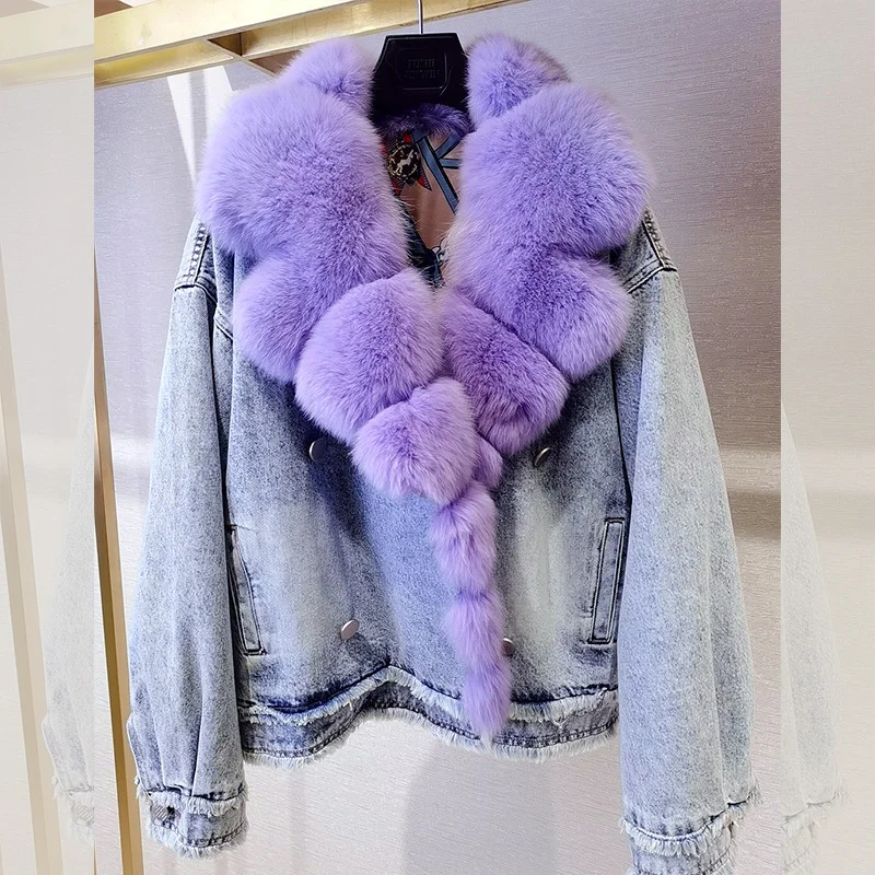 Denim Coat with Real Large Fox Fur Collar for Women, Furry Jacket, Fluffy Suit, Luxurious Brown and Yellow Coat, Winter Fashion