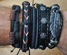 Los hombres pulseras multicapa Vintage cuero pulseras de trenza brazaletes estrella de búho cuerda hecho a mano pulseras hombre regalo joyas