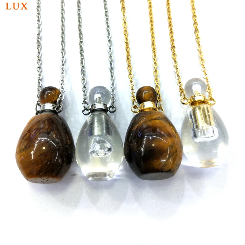 

natural clear quartz tiger eye stone pear shape faceted Perfume Bottle Pendant Healing Crystal Quartz Essential oils diffuser