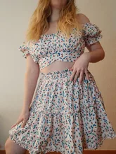 Vestido de verano con volantes y estampado Floral, Trajes de dos piezas, hombros descubiertos, mangas abullonadas, Top y Mini conjuntos de falda, Espalda descubierta, 2021