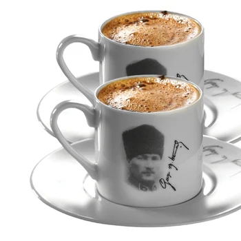 

Kutahya Porcelain Ataturk 2 Person Coffee Cup Set Turkish Coffee Espresso 2 Cups + 2 Saucers Gazi Mustafa Kemal %100 Original