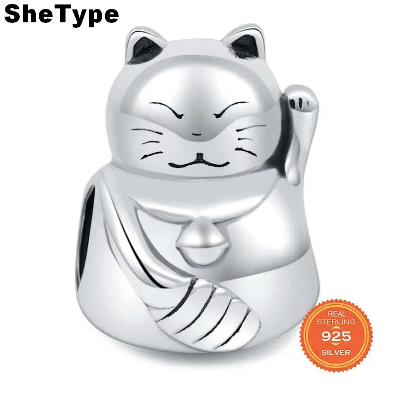 

SheType Japanese Style 2.9g Lucky Cat Beads for Women Jewelry Making Charm 925 Solid Sterling Silver