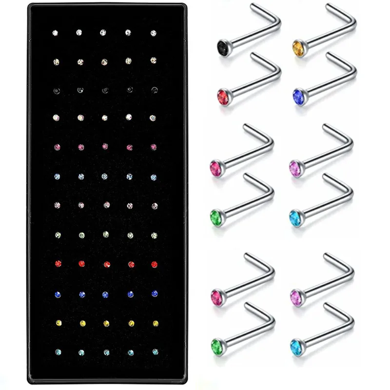 40/60pc/set Stainless Steel Piercing Lot L-shape Nose Stud 20g Crystal Straight Stud Nose Ring Set Simple Piercing Jewelry nose rings piercing jewelry nose studs body piercing jewelry body jewelry