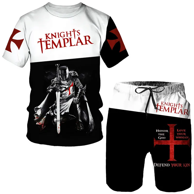 Summer Knight Templar 3D Print T-Shirt/Shorts/Suit Men's Cool Short Sleeve 2 Piece Set Medieval Armor Holy Cross Cosplay Outfits