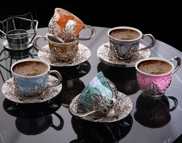 

Ahu Colorful Marble Design Gold- Silver Color Coffee Cups Set