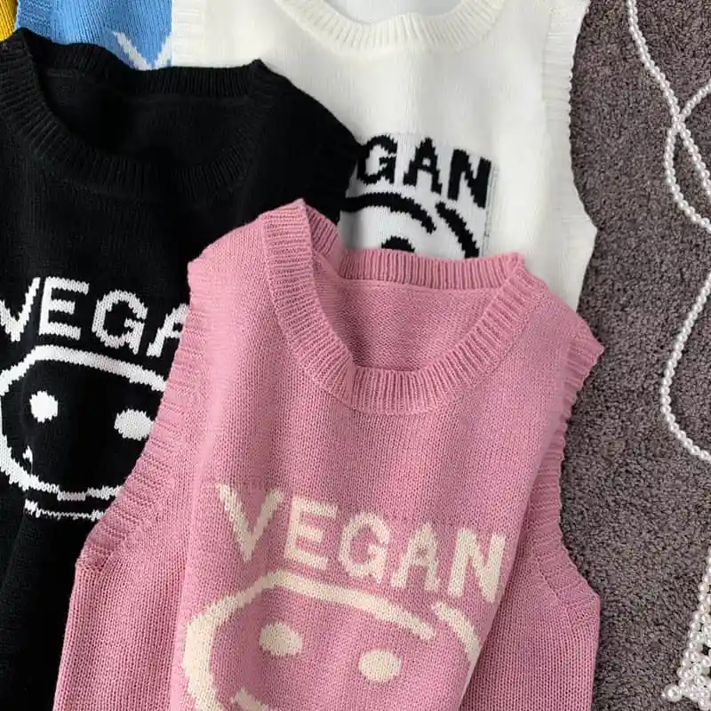 Autumn Female Student Casual Temperament Knitted Pullover Vest letter emboridery Sleeveless V-neck Sweater Vest autumn