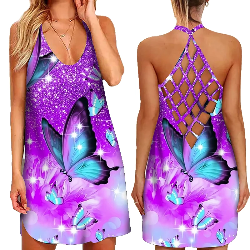 Women 2021 Loose Summer Sexy Backless Suspenders Dress Butterfly Printed Summer Boho Casual Party Elegant Dresses slip dress