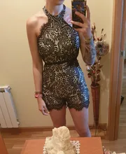 Mono de encaje con cuello Halter para mujer, peto Bodycon, pantalones cortos