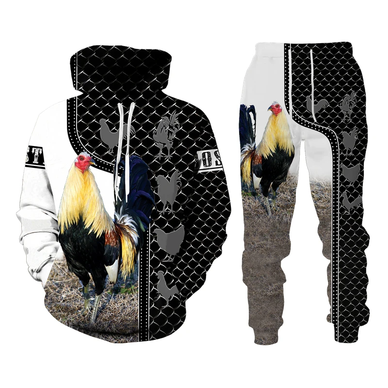 3D Rooster Hunting Printed Camo Hoodies Suit Funny Cock Animal Pheasant Csaual Pullover Sweatshirt Pants Tracksuit Man Set mens sweat suits sets Men's Sets