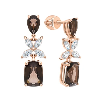 

Gold earrings with cubic zirconia and quartz smoky sunlight sample 585