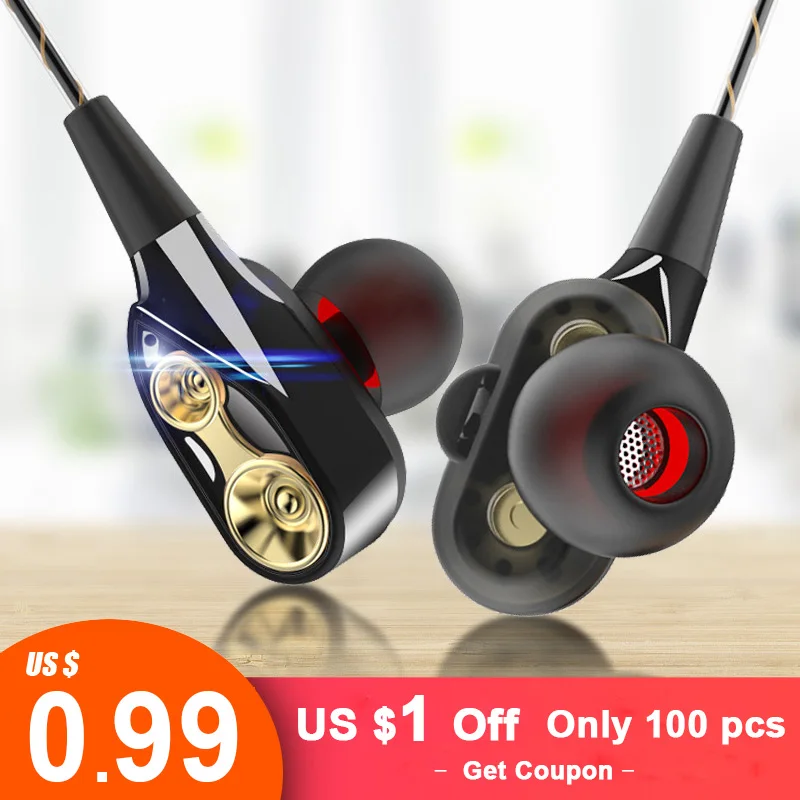 

Dual Drive Stereo Wired earphone 3.5mm In-Ear Sport Headset With Mic Mini Earbuds Earphones For Phone Samsung Xiaomi Computer