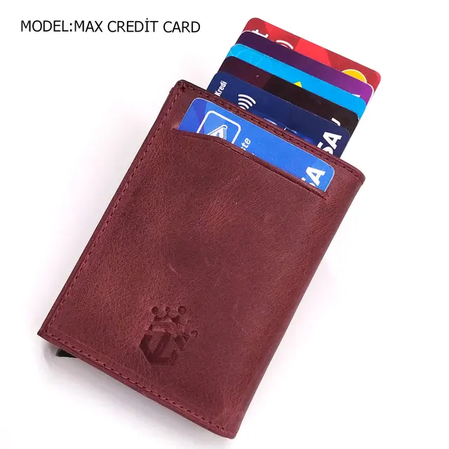 Smart Wallet Business Card Holder Real Cow Leather Handmade Smart Automatic Card Holder Men Gift Max Credit Card Burgundy