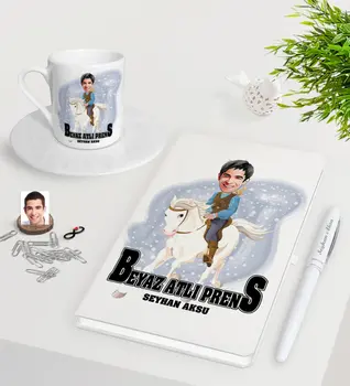 

Personalized White Mounted Prince Caricature Of White Notebook Pen Turkish Coffee Cup Seti-3