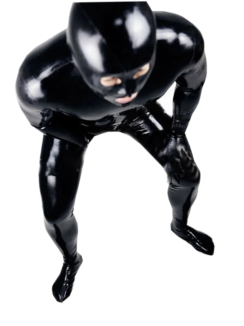 LinMe Unisex Footed Unitard Faux Leather PVC Shiny Clubwear Hook Mask Catsuit Full Coverage Wetlook Plus Size Halloween Costumes
