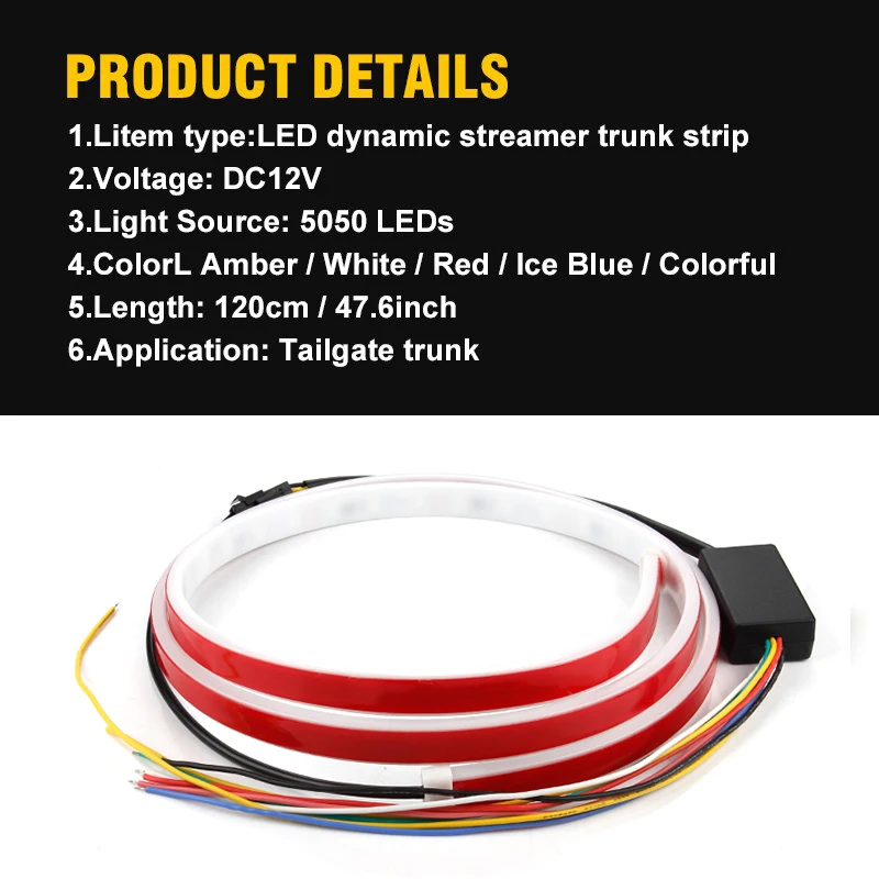 Baratos OKEEN ámbar Flujo de señal de giro led tira de luz de la puerta trasera del equipaje 12V luz trasera del coche stramer dinámico flotante tira de led RGB