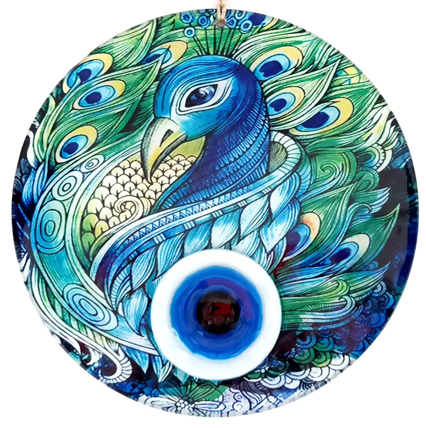 

23 Centimeter Glass Wall Ornament With Peacock Pattern Evil Eye Beads