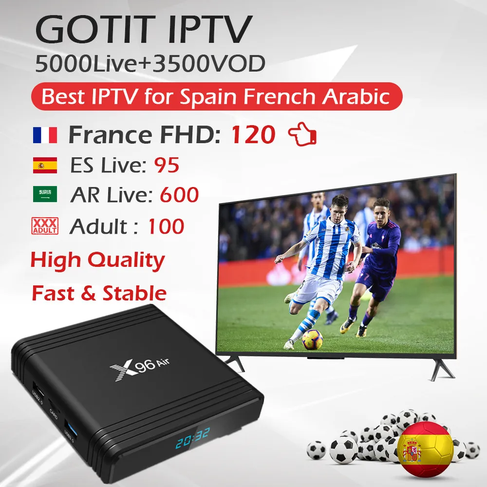 GOTIT IP tv подписка арабский Франция Испания IP tv+ X96Air Android Smart tv Box Amlogic S905X3 4 GB/64 GB 2,4G/5G wifi приставка