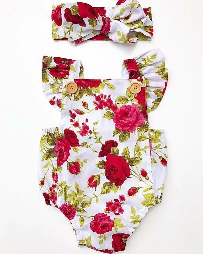 Модная одежда для новорожденных девочек; милый цветочный комбинезон на пуговицах; комбинезон; боди+ повязка на голову с бантом; одежда для США
