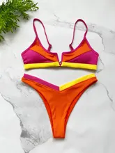 Splicing Bikini Swimwear Bathing-Suit Biquini Ribbed Push-Up Beach Summer Female V-Neck