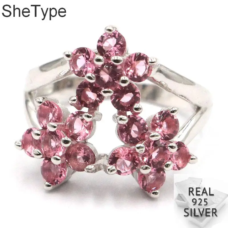 

18x18mm Elegant Flower Shape 4.7g Created Pink Tourmaline Gift For Sister 925 Solid Sterling Silver Rings
