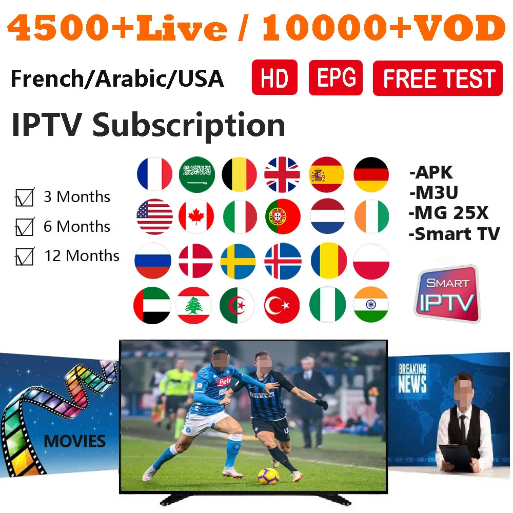 IPTV France Subscription Arabic 4500+ Live 10000+ VOD IPTV Portugal Sports Movies Adult IPTV Spain Italy support Android APP