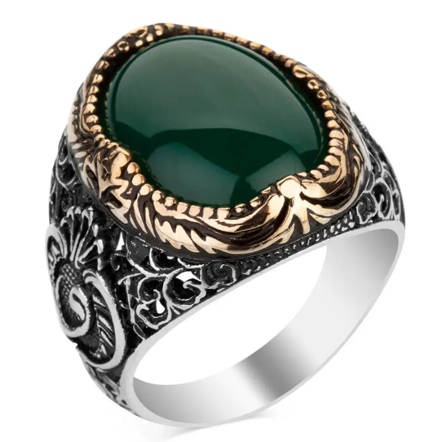925-Sterling-Silver-Arabic-Letter-V-Green-Agate-Gemstone-for-Men-s-Ring ...