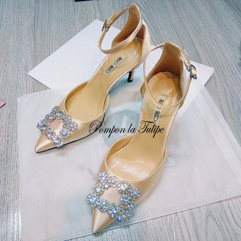 

MNK 930018 Silk Rhinestone Square Buckle Elegant Sheepskin Pumps 6/9CM Chic Stilettos Fancy Fashion Party Wedding Women Shoes