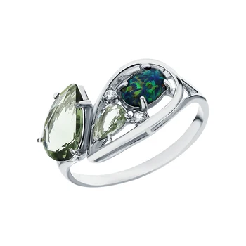 

Silver ring with cubic zirconia, imitation opals and tourmaline imitation sunlight sample 925