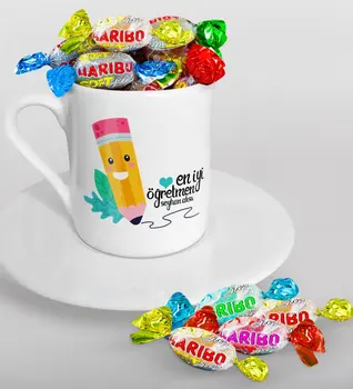 

Personalized Best Teacher Turkish coffee Cup and Haribo Candy Gift Seti-10
