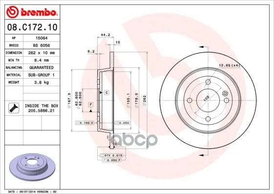 Диск Тормозной Задн, Hyundai: Accent Iv 10- Kia: Rio Iii 10- Brembo арт. 08.C172.10