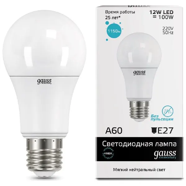 Лампа GAUSS LED Elementary A 60 12 W E 27 4100 K 23222 | Лампы и освещение