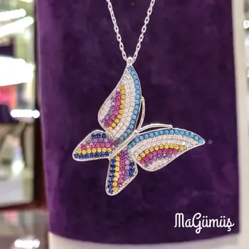 

New Big Colorful Multicolor Butterfly Silver Necklace