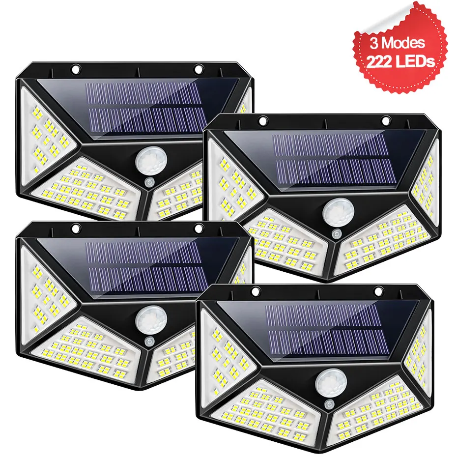 

222 LEDs Solar Light Outdoor IP65 PIR Motion Sensor Powered Sunlight Spotlights 3 Mode Wall Lamp Garden Yard Street Garage