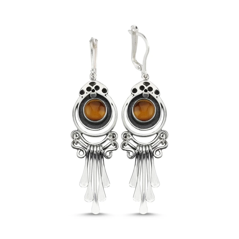 

Silver 925 Sterling Tiger Eye Stone Dangle Hand Handwork Earrings