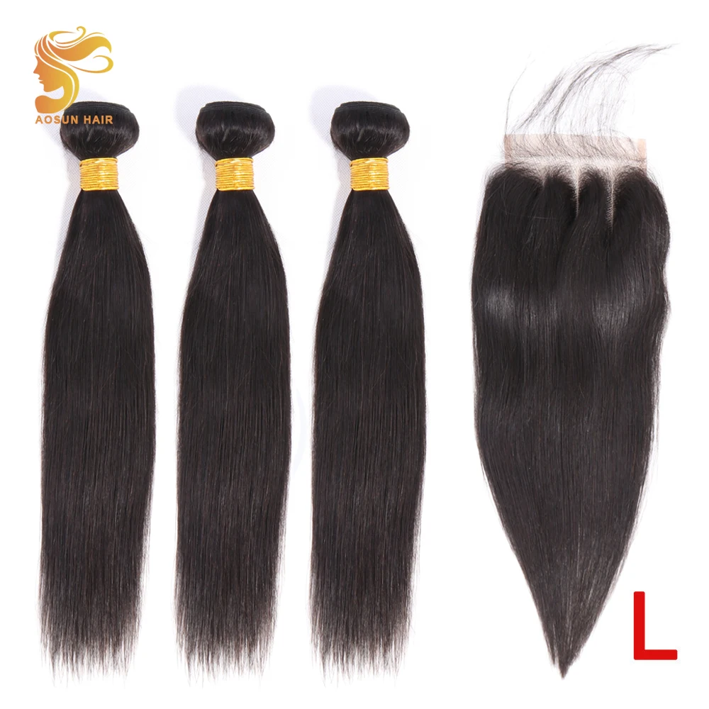 

AOSUN HAIR Brazilian Hair Weave Bundles Straight Hair Bundles With Closure 100% Human Hair Extensions Remy Hair 8-26inches