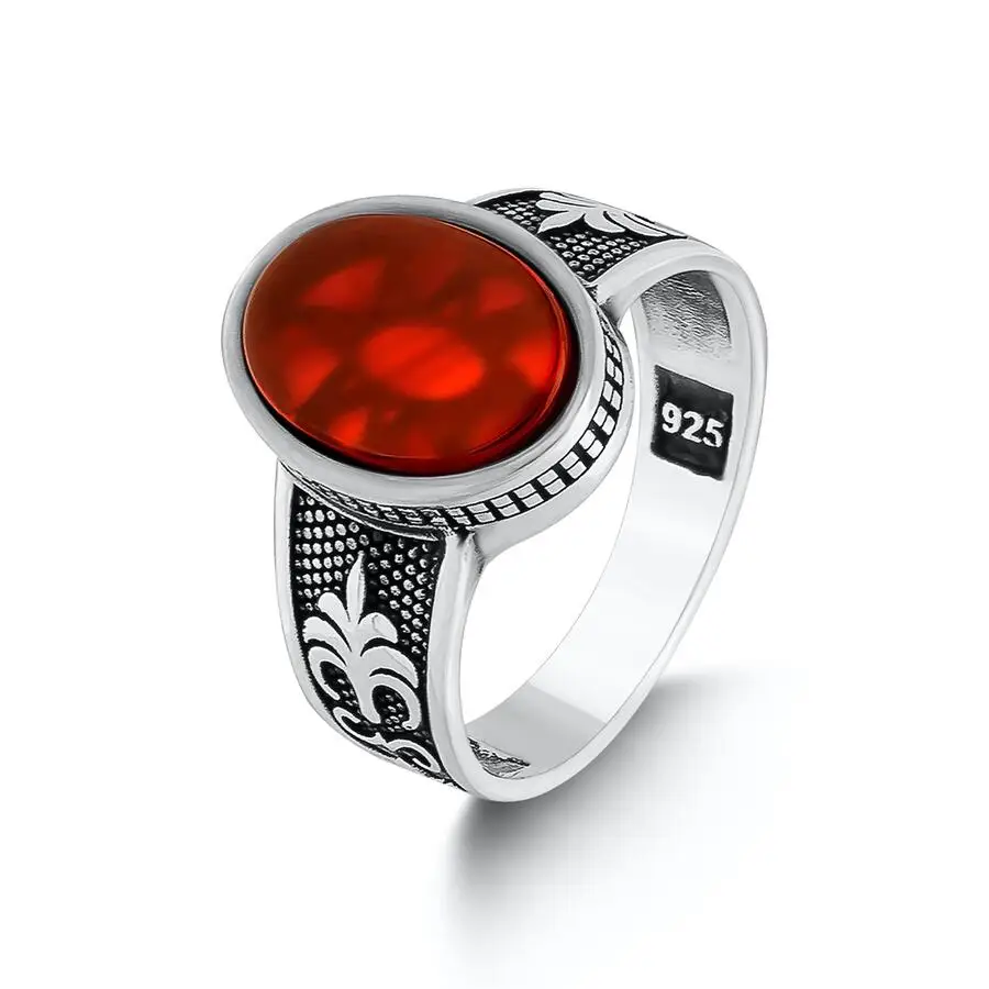 

925 Sterling Silver Palm Motif Agate Ornaments Obsidian Small Men Rings For Daily Collocation Fashion Jewelry Gift For Him