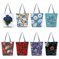 Bright Colors Floral Print Handbag Beautiful Flower Tote Casual Travel Beach Bag High Capacity Reusable Shoulder Shopping Bags