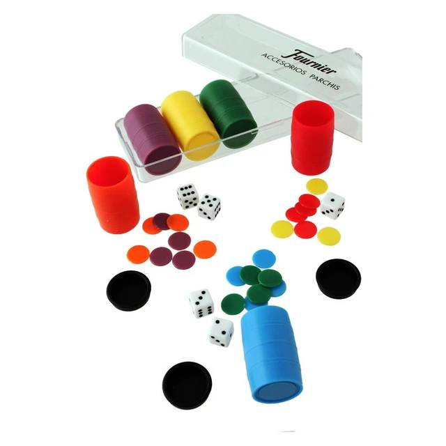 Set completo de 6 cubiletes de plástico, parchis, juego de mesa,  multicolor, fichas, dados, cubiletes dimensiones 4.5 x 2.5 cm.