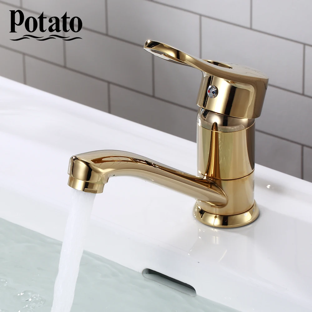 Lowered Potato Luxury Golden Bathroom Sink Faucet Saving Hot and Cold Water Mix Tap Single Handle Single Hole Basin Faucets p45150-4 4000675611810