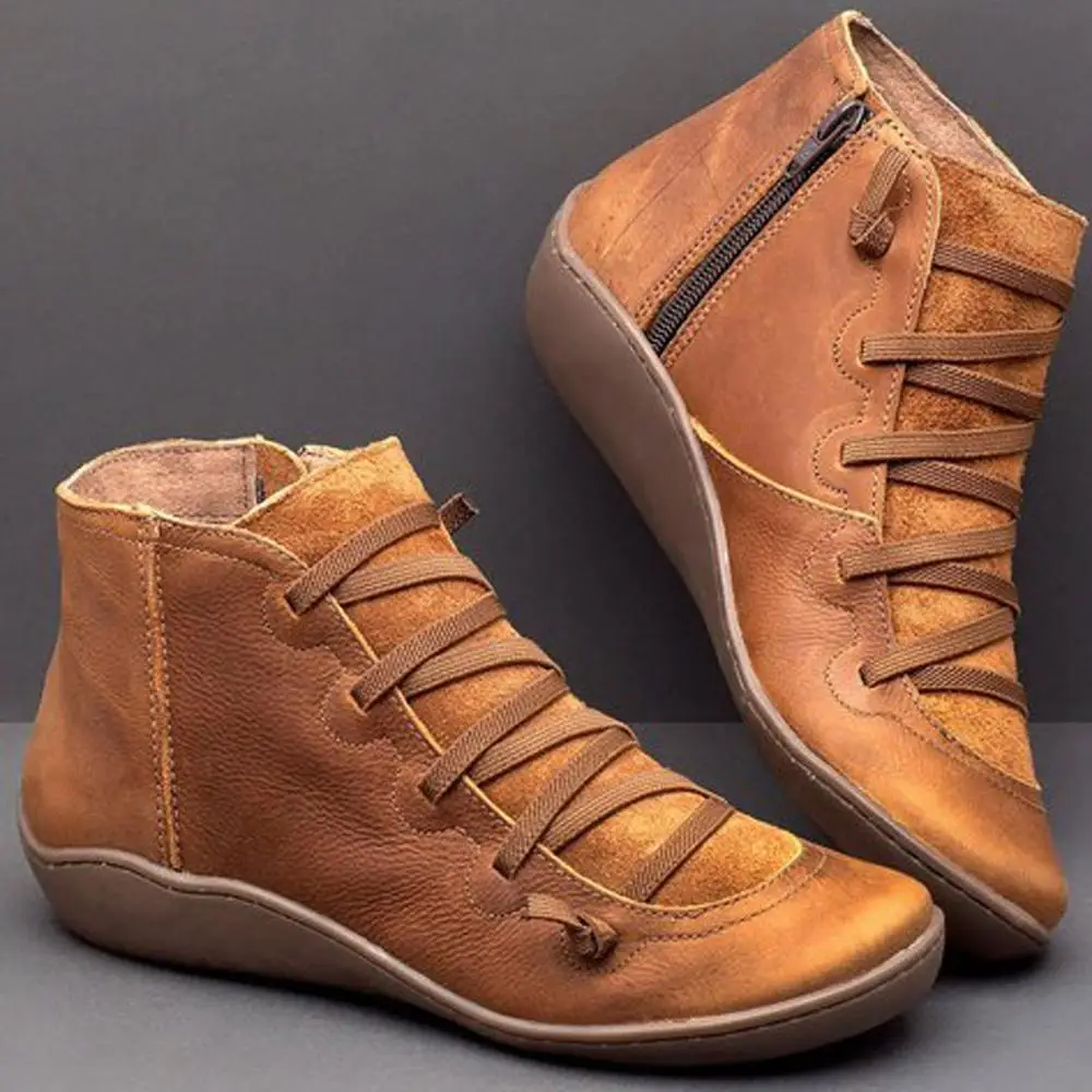 Женские повседневные удобные кожаные ботинки на плоской подошве в стиле ретро с мягкой подошвой и шнуровкой ботинки с круглым носком на молнии сбоку женская зимняя обувь - Цвет: Оранжевый